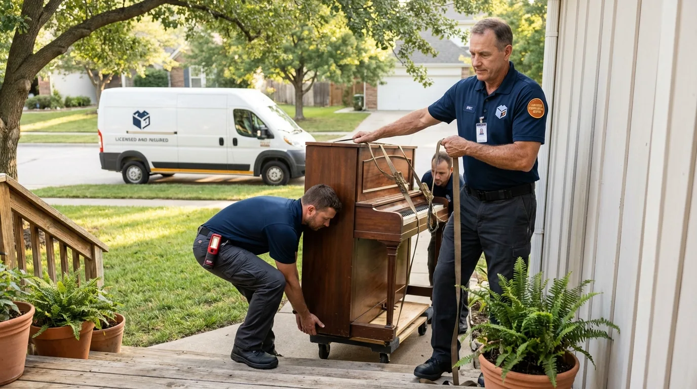 Licensed piano movers securing grand piano in Cleveland, TX