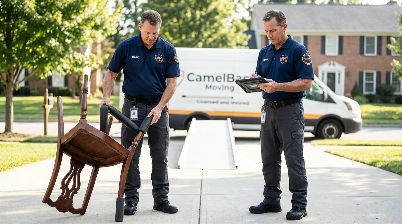 Movers inspecting furniture for damage prevention before loading in Cleveland, TX