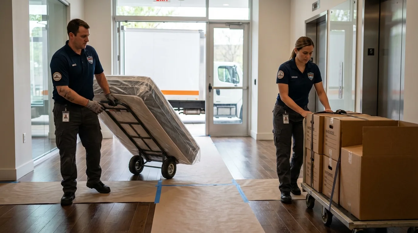 Professional apartment movers loading elevator in Cleveland, TX
